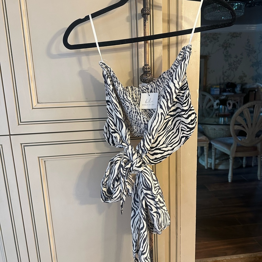 Black and White Zebra Print Tie Front Crop Top